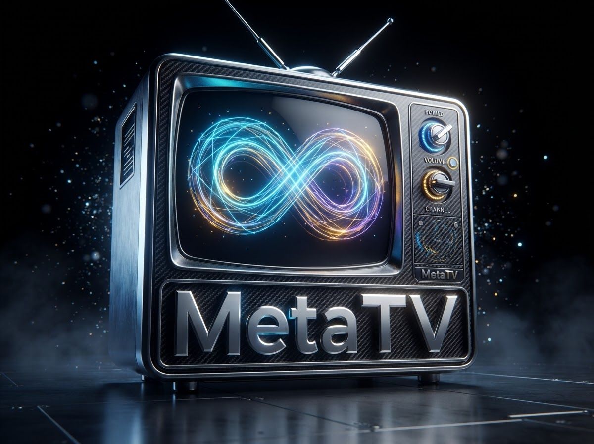 Logo stilizzato di Meta TV: televisore nero con infinito blu e scritta Meta TV.