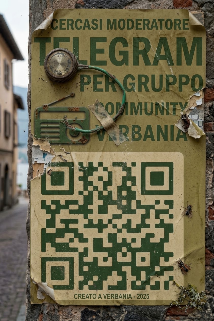 Grafica verde con testo “Cercasi amministratore per gruppo Telegram” e icona radio, con codice QR.