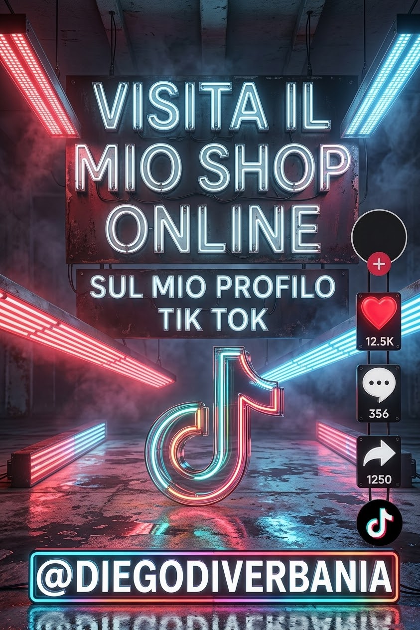 Sfondo neon con testo “VISITA IL MIO SHOP ONLINE”, icone social e logo TikTok, luci e riflessi.
