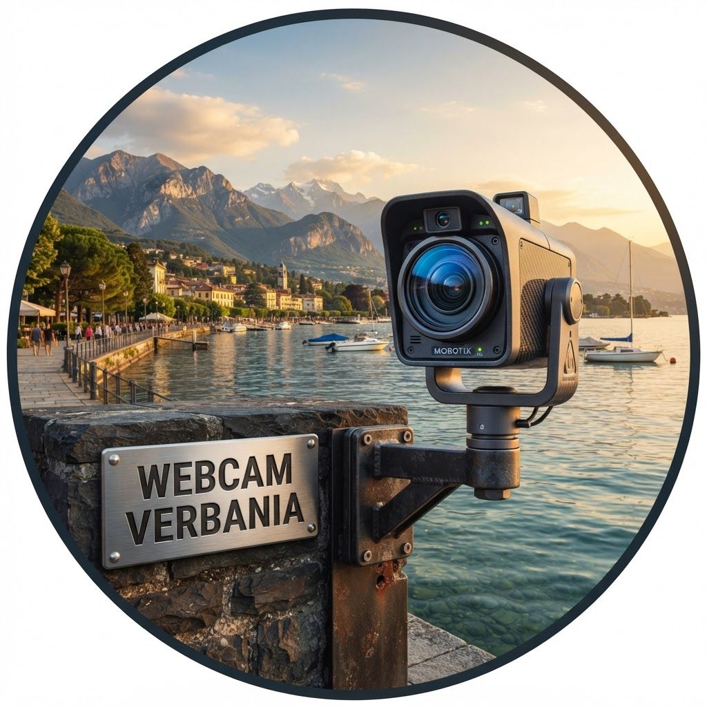 Logo stilizzato con radar sopra paesaggio montano e mare, testo WEB CAM VERBANI.